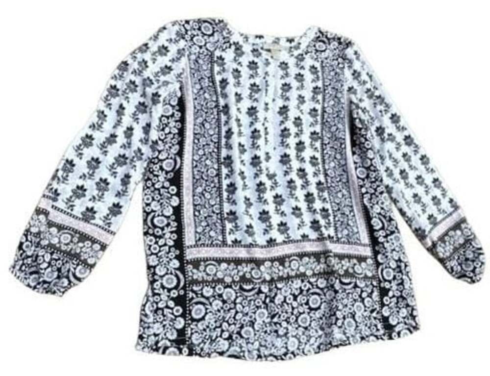 LOFT Outlet Women's Black and White Floral Print Long Sleeve Button Down Blouse